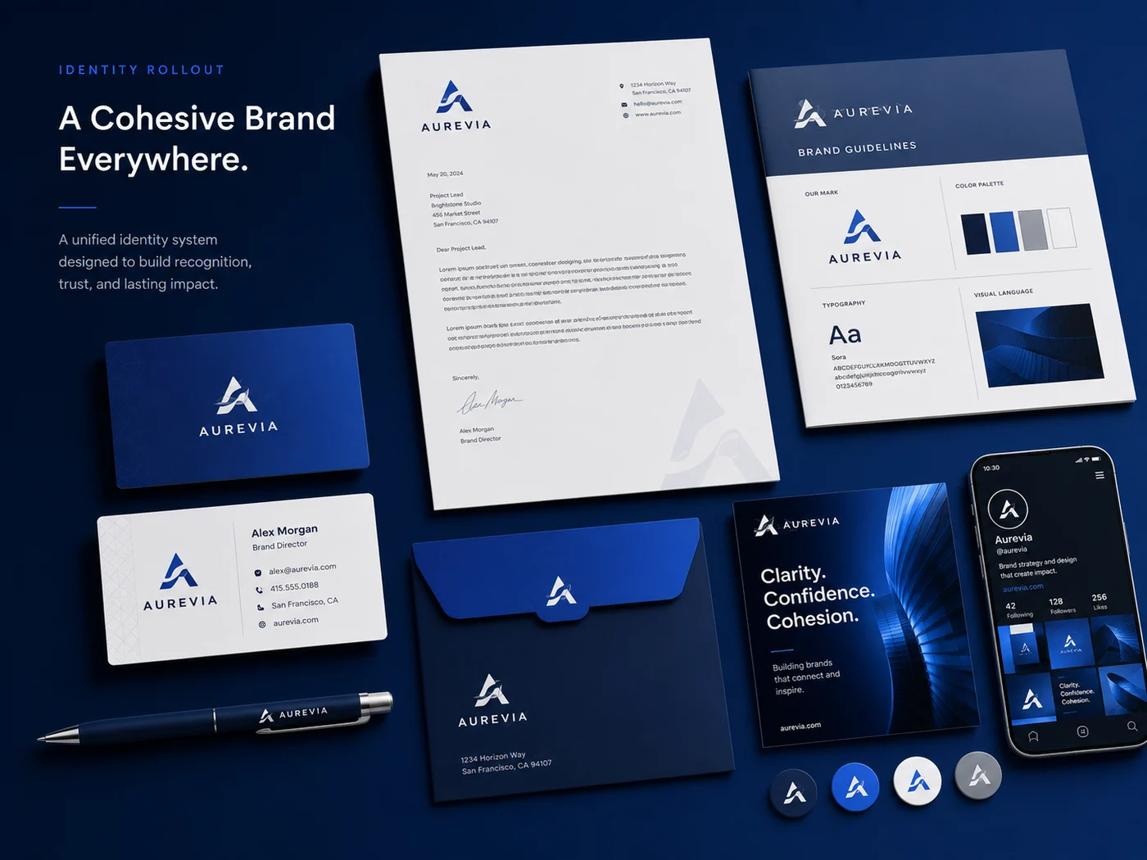 Coordinated corporate identity materials, including stationery, brand standards, business cards and a presentation