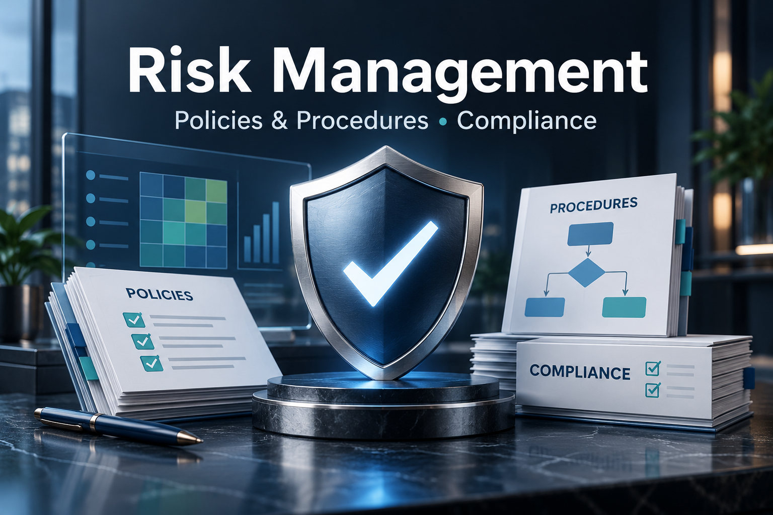 Risk Management — Shield with policies, procedures, and compliance manuals