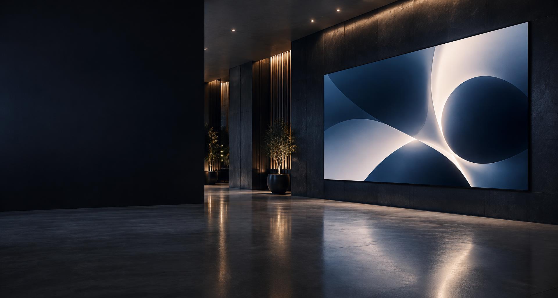 Wall-mounted digital display showing a promotional layout in a modern lobby