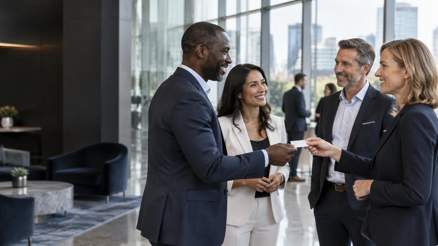 Business professionals making a personal introduction at a networking event