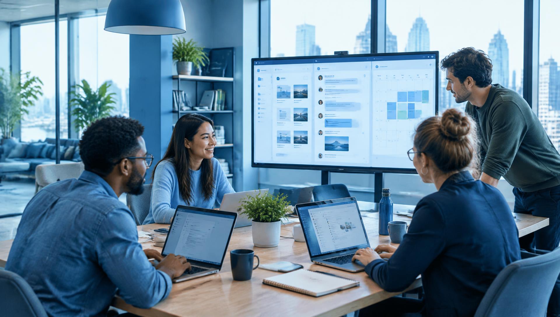 Team collaborating with shared files, chat, and calendar on a large screen