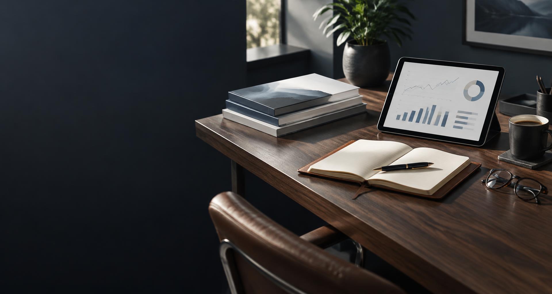 Desk with a dashboard tablet, printed guides, notebook and coffee