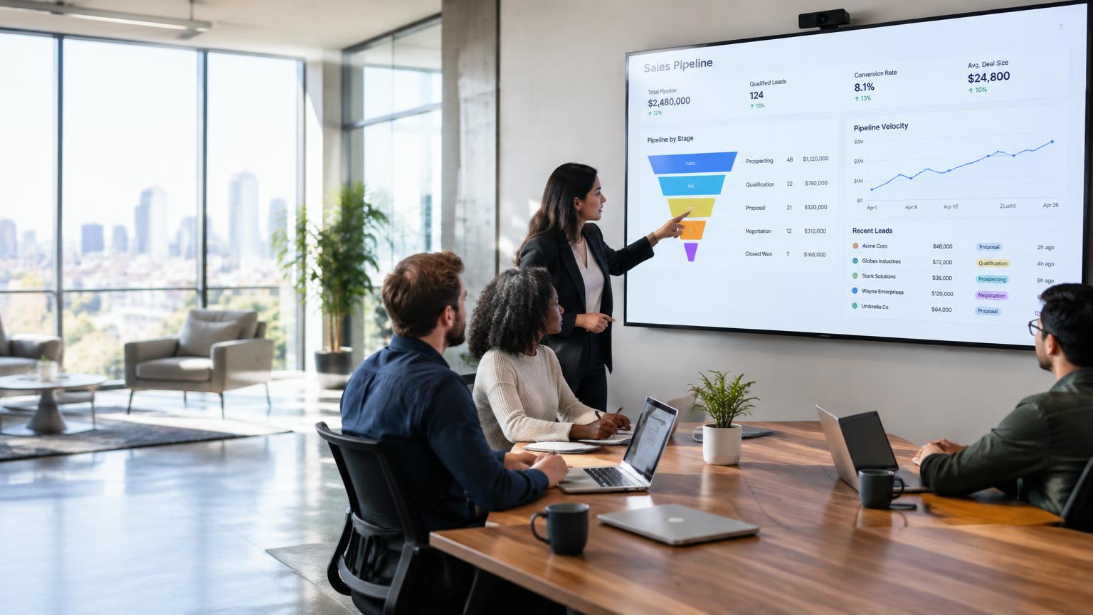 Sales team reviewing a live CRM pipeline dashboard