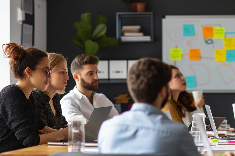 A team evaluating business workflows during a planning meeting
