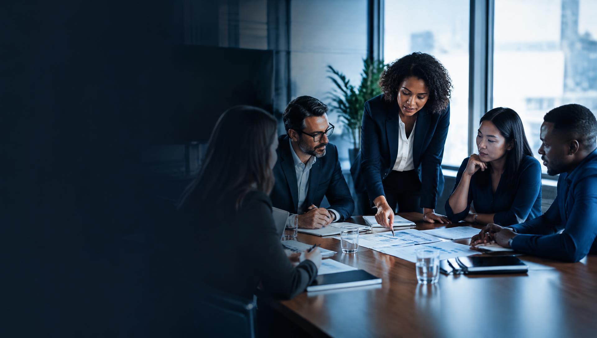 Consulting team reviewing business plans around a conference table